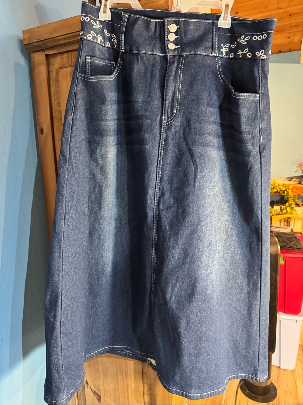 Wimrb’s Dark Blue Denim Jeans Skirt with Embroidered Waist Fleece Lined 2XL